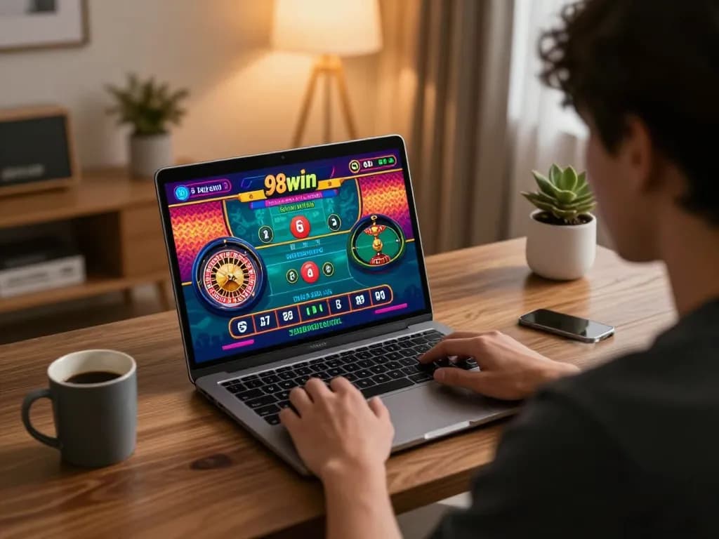 Engaging with 98win online casino gameplay in a cozy home office setting, highlighting live roulette