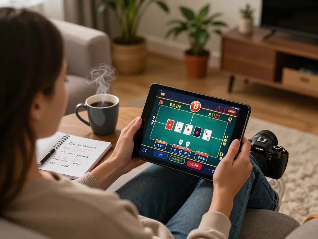 Engaging in an online poker game at home with 789 win tablet interface and strategic notes.