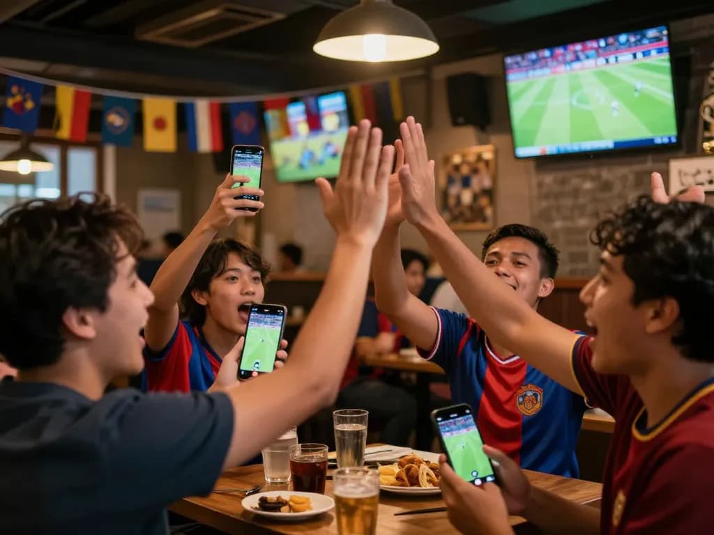 Xoilac bóng đá live streaming captures football fans celebrating in a lively bar atmosphere.