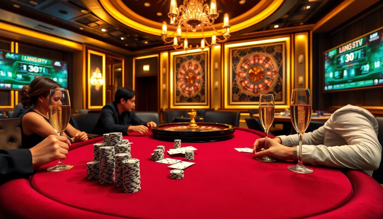 Lương Sơn TV offers an immersive gambling experience with a luxurious poker table scene featuring chips and cards.