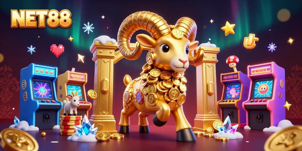 NET88 showcases a dynamic scene with a golden ram charging at a gate surrounded by retro gaming elements.