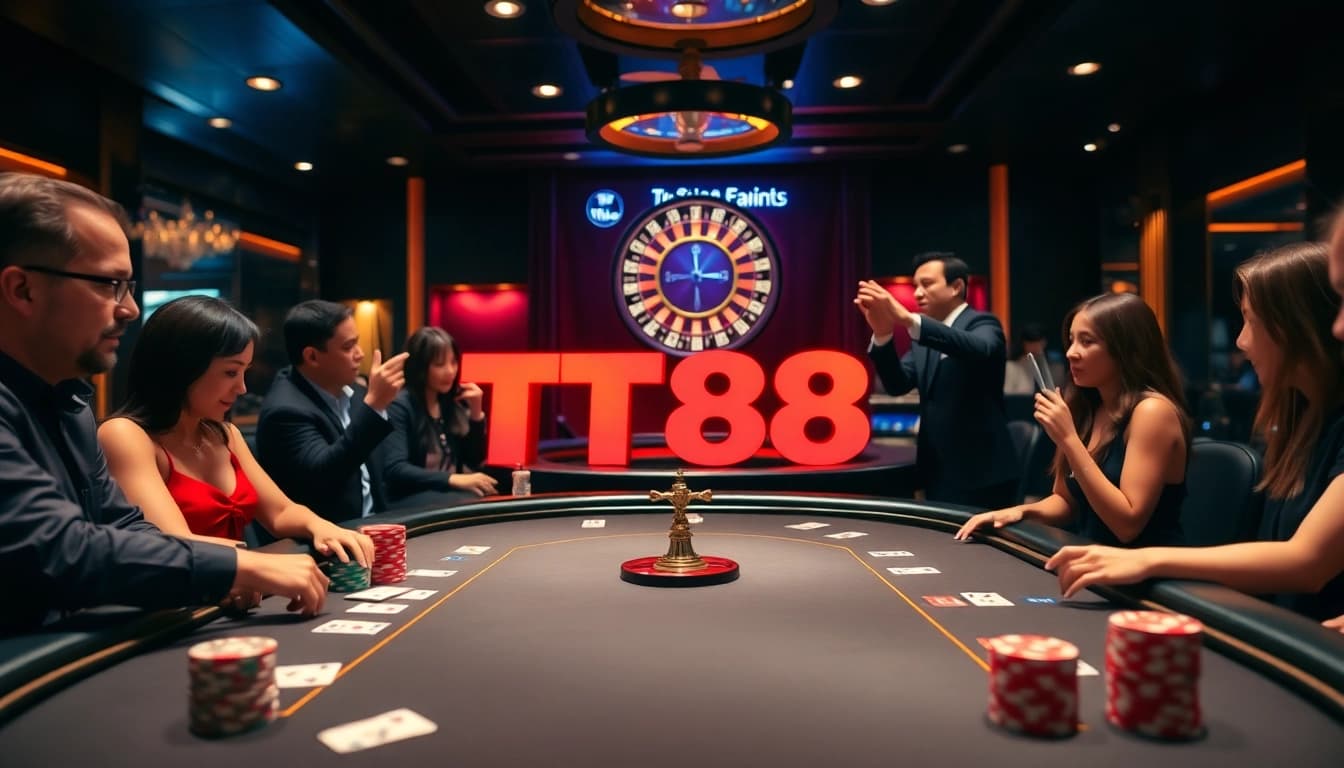 Engaging players at a vibrant TT88 poker table inside a luxurious casino setting.