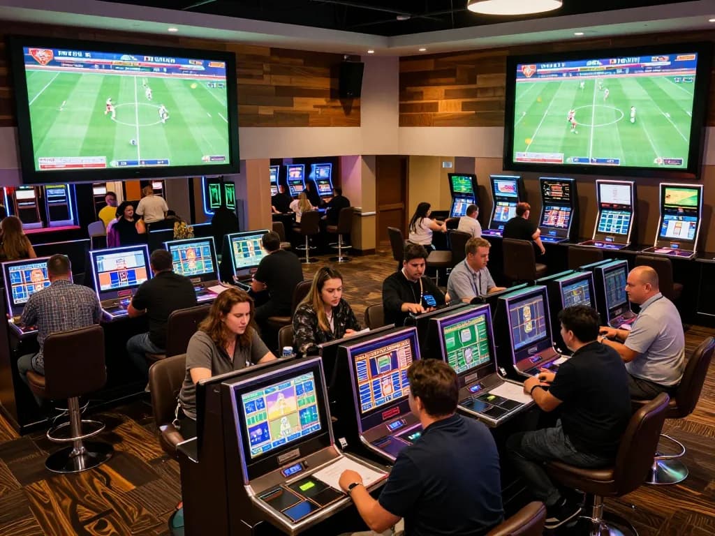 Engaged bettors analyzing kèo bóng đá odds in a lively sports betting area at a casino