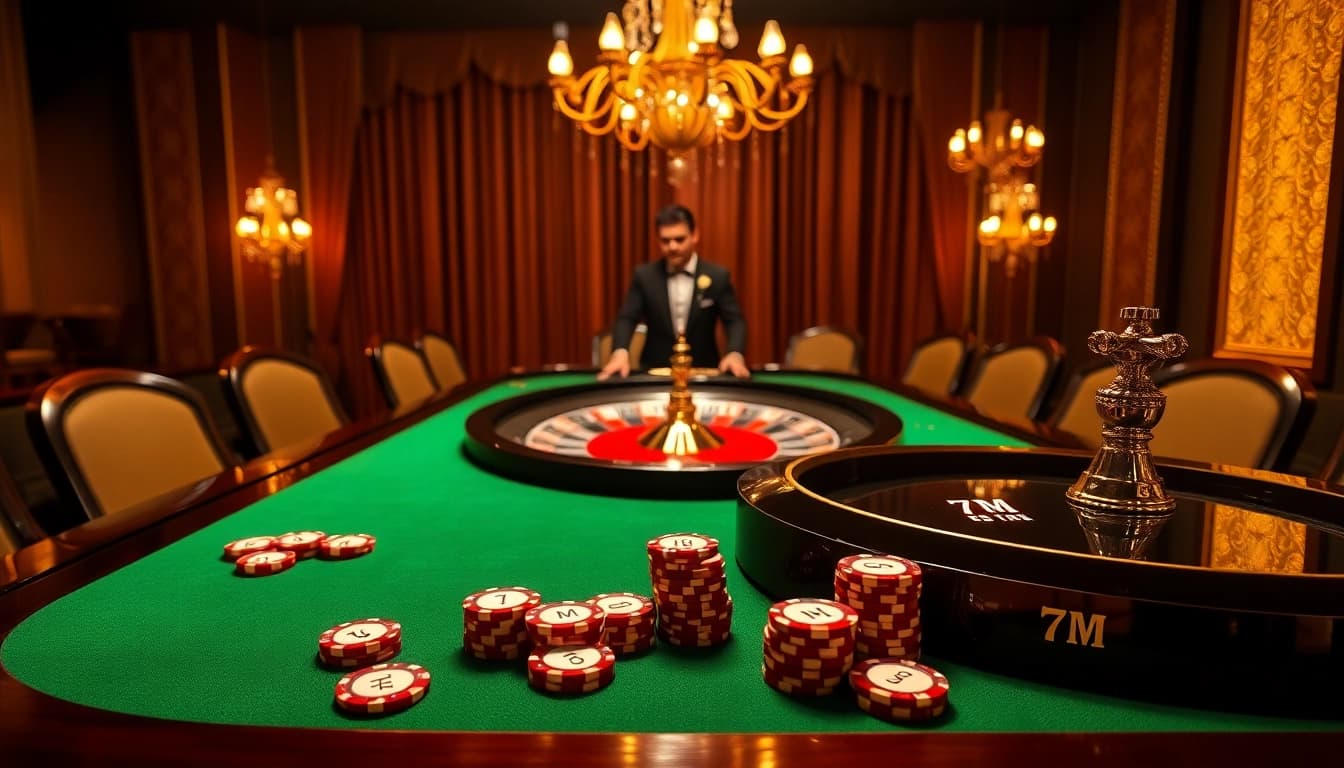 Experience thrilling poker action at a luxurious casino featuring 7M-themed chips and plush decor.