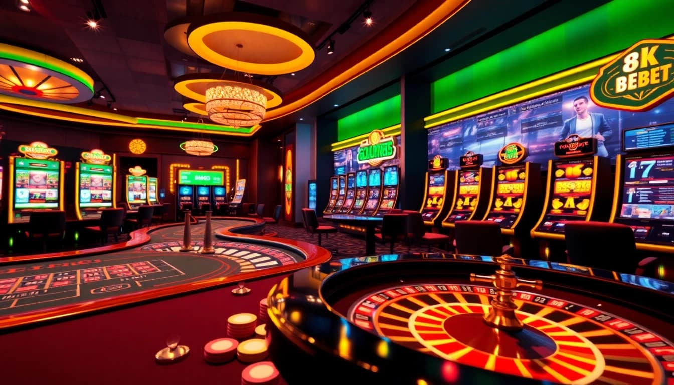 Experience high-stakes gaming with 8kbet, showcasing vibrant casino tables and dynamic betting scenes.