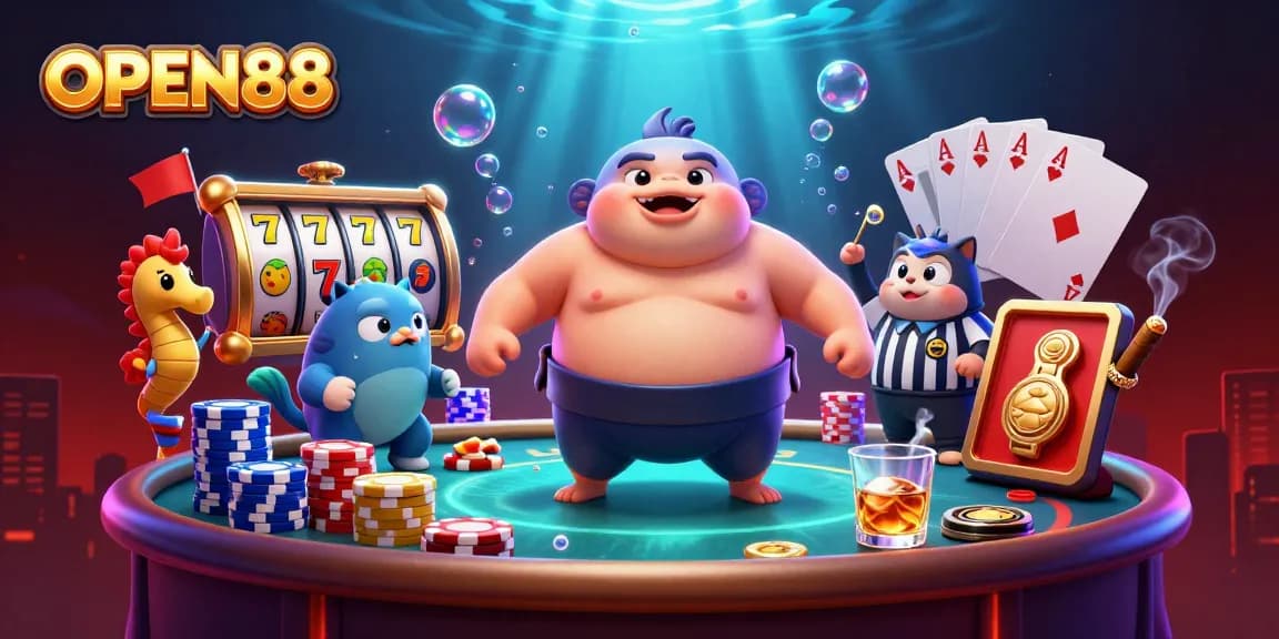 Experience thrill at OPEN88 with a unique underwater casino scene featuring diverse game elements and characters.