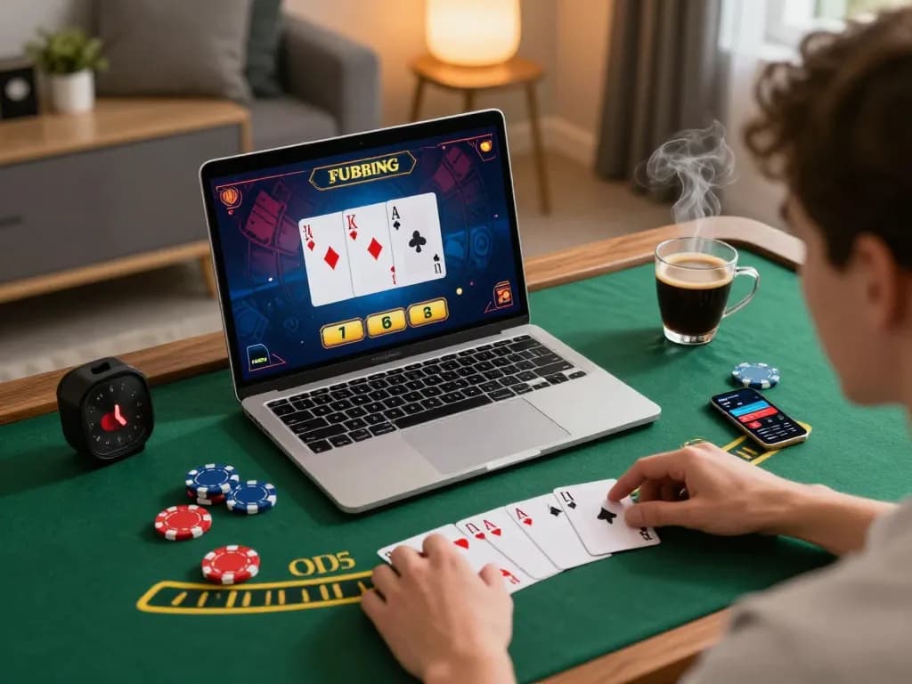 Playing blackjack online at uu8855, with a stylish laptop setup and cozy atmosphere, emphasizing responsible gambling.