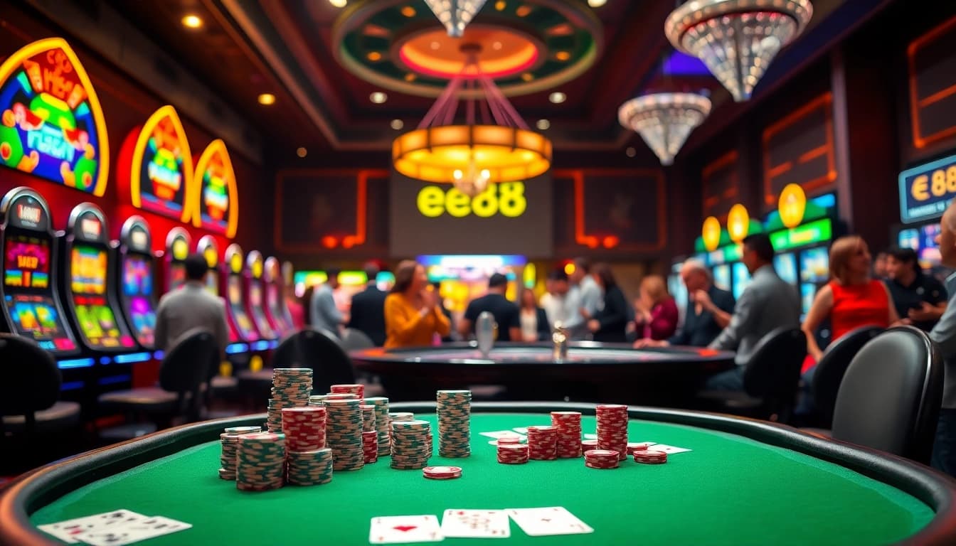 Experience thrilling gameplay at ee88 with vibrant casino tables, chips, and slots.