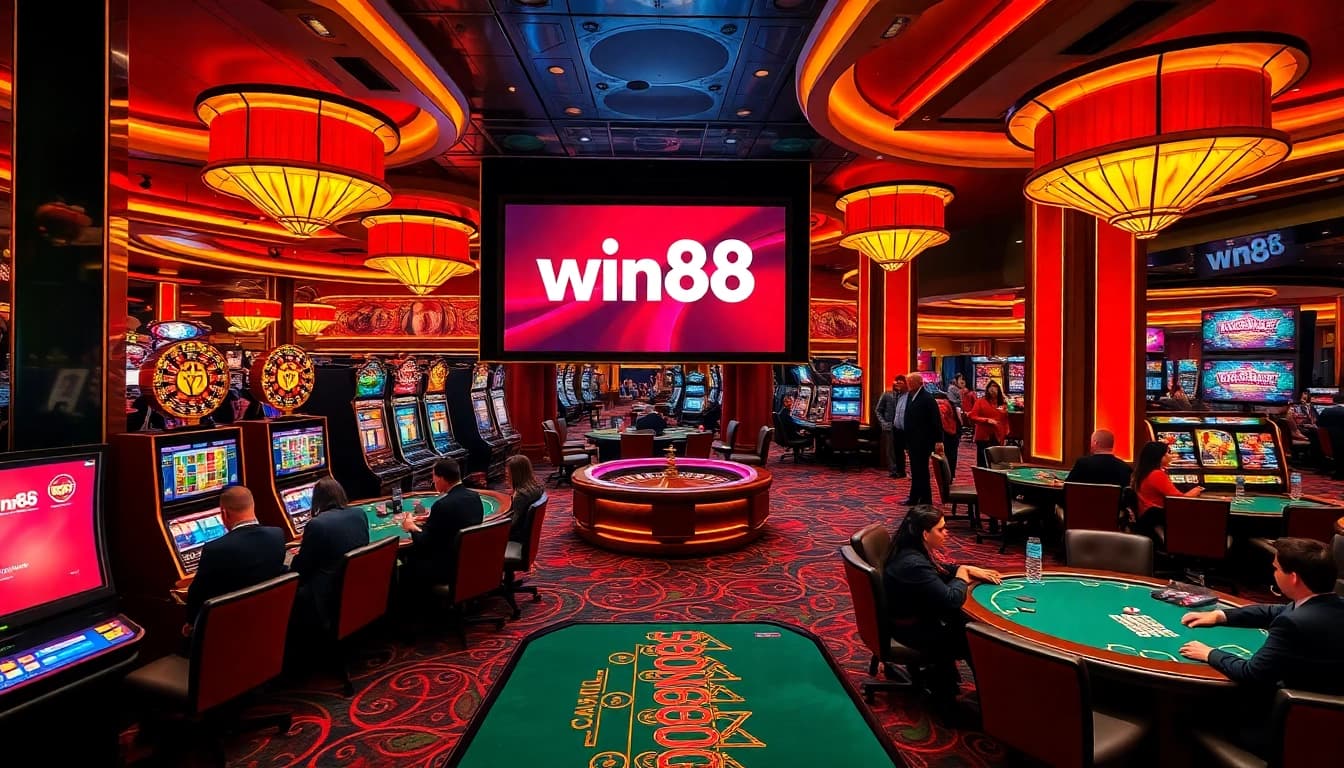 Experience thrilling gameplay at win88 with immersive casino visuals featuring slot machines and poker tables.