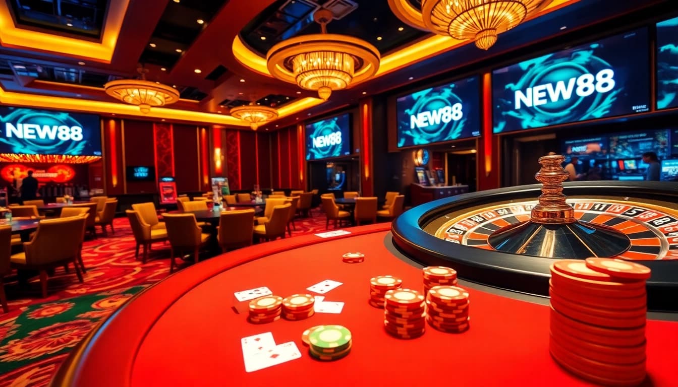Players enjoying the thrilling ambiance at NEW88 online casino with vibrant gaming tables.