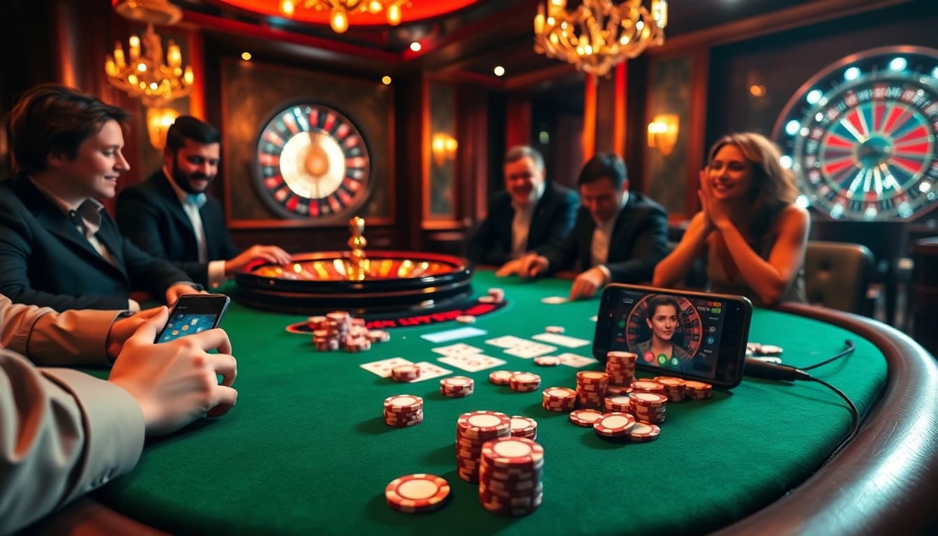Kuwin players enthusiastically engage in a high-stakes poker game at a luxurious casino.