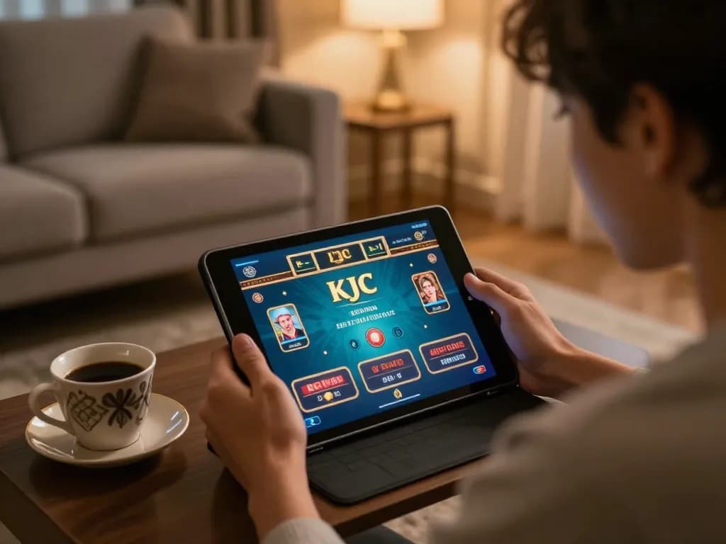 KJC player engaging with online casino games on tablet in a cozy home environment.