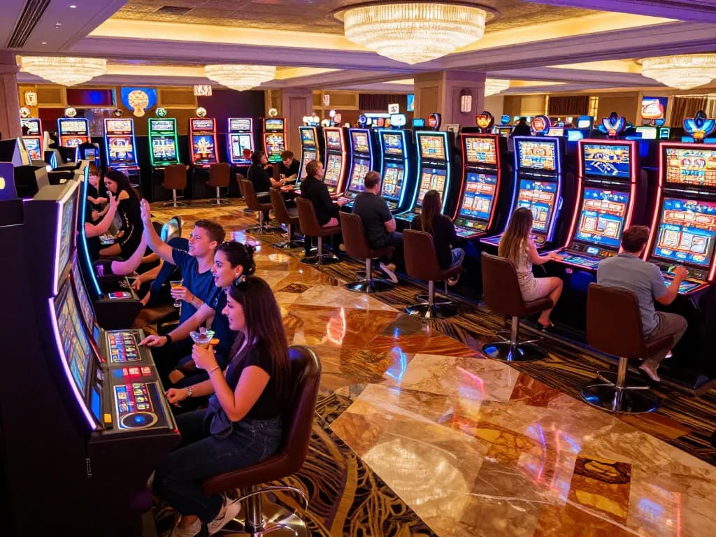 Players enjoying the thrill of winning at slot machines at tip88, showcasing a vibrant casino atmosphere