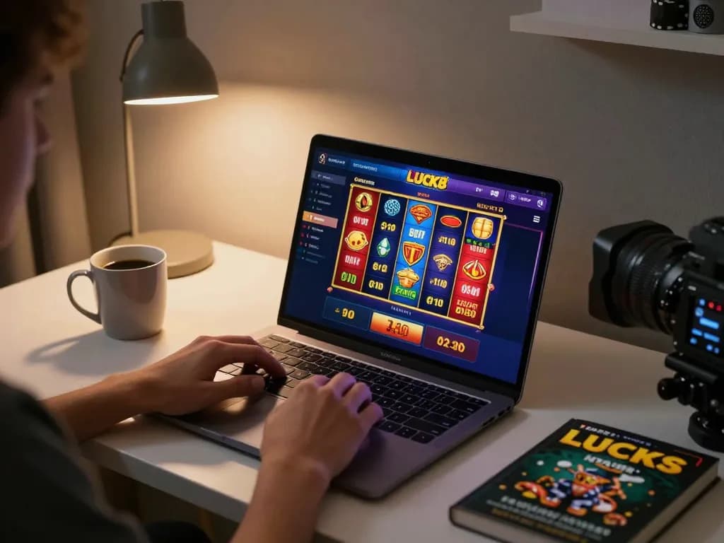 Gaming online at luck8, showing the player immersed in casino gameplay on a laptop