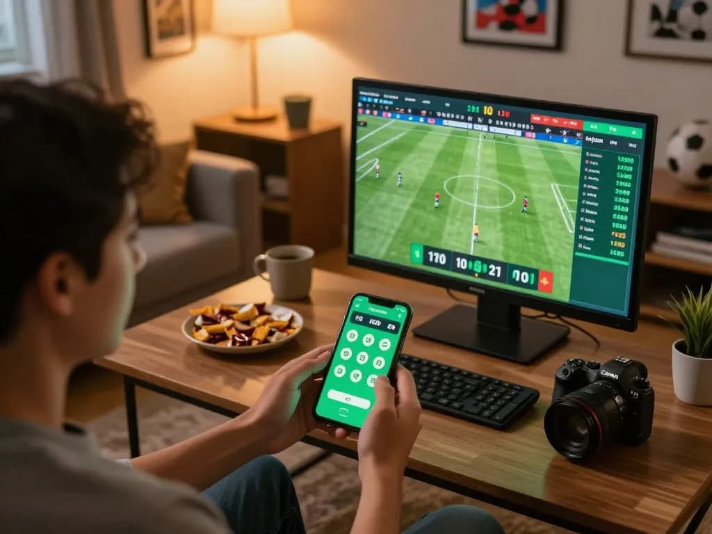 Player engaging in online sports betting with Winbd app on smartphone, showing live match and odds.