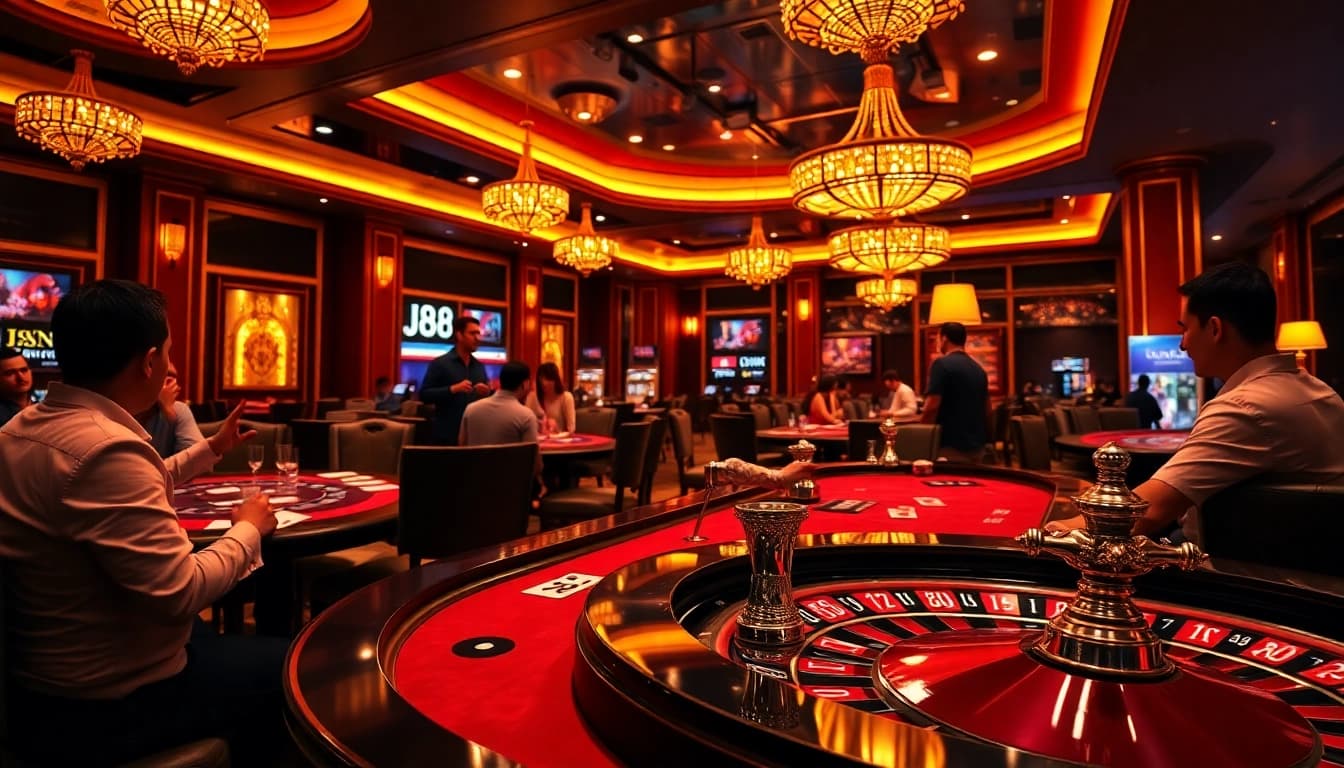 Place bets at J88 casino, showcasing vibrant roulette wheel, poker chips, and engaging atmosphere.