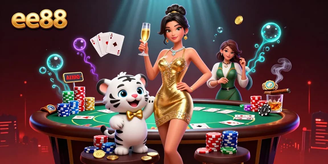 Experience the vibrant excitement of ee88 casino with poker chips, a glamorous woman, and a lucky white tiger.