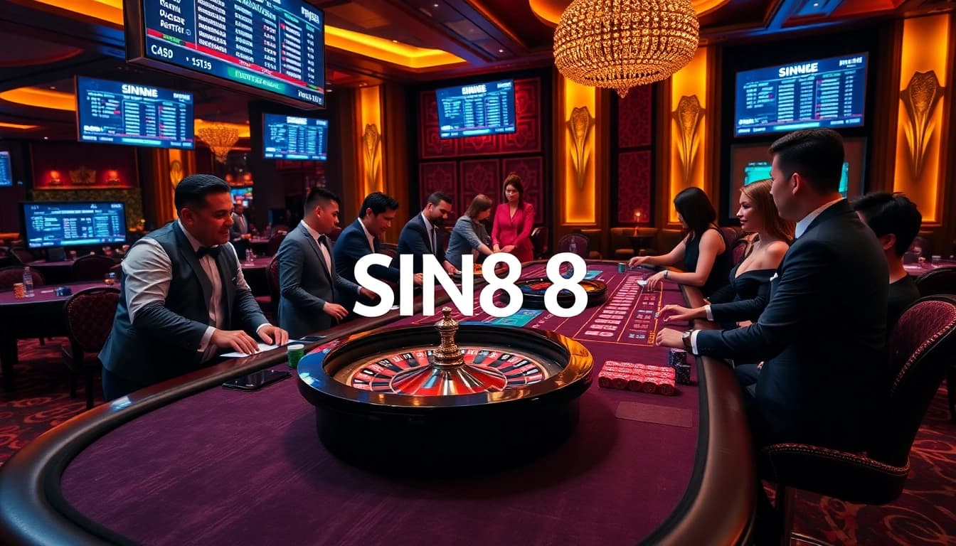 SIN88 gambling scene with players at a luxurious gaming table and roulette wheel.