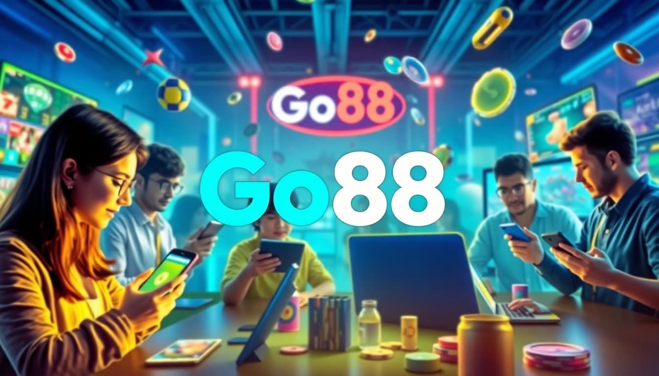 Exciting online gaming scene showcasing Go88's vibrant platform with users interacting on various devices.
