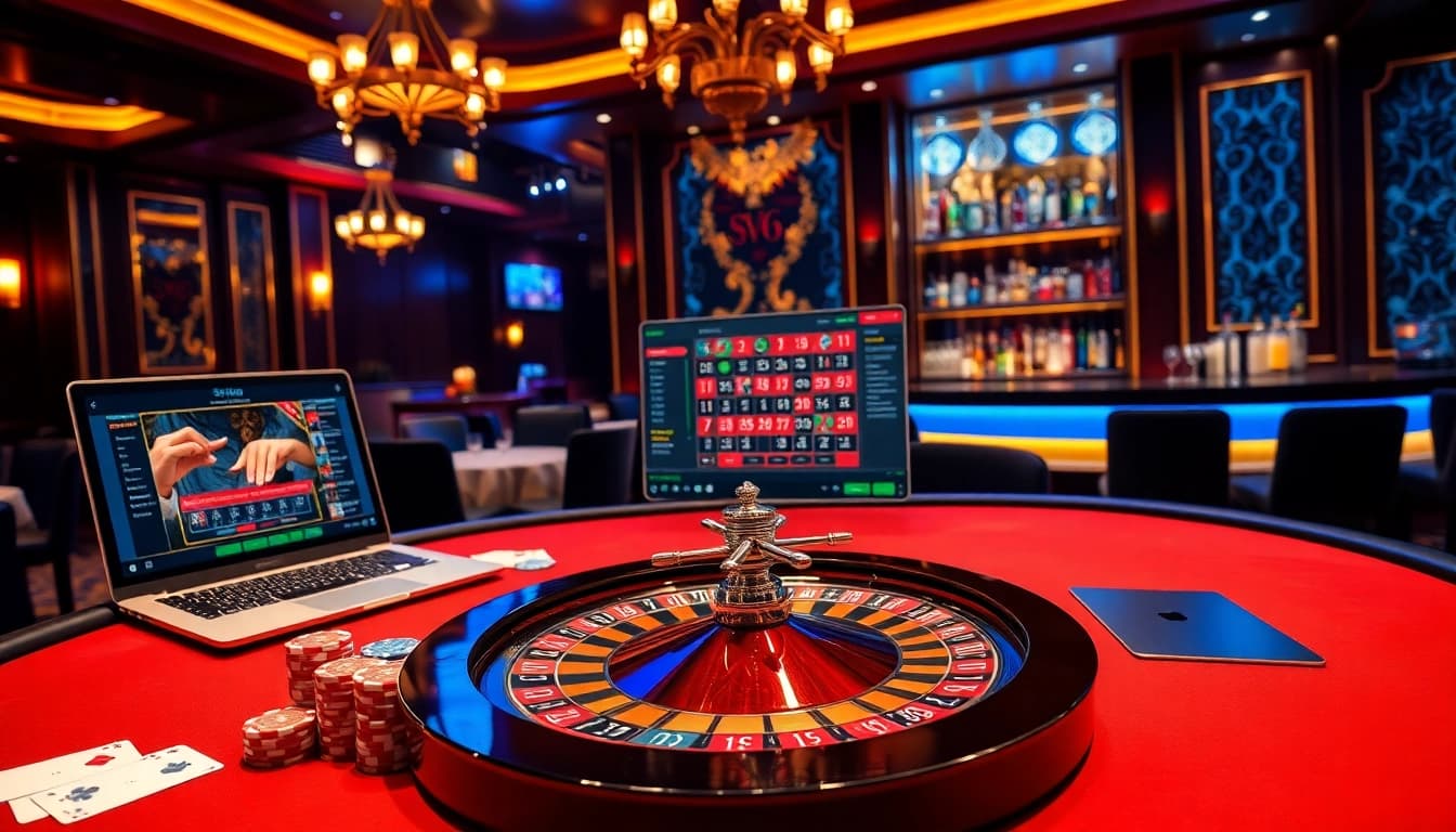 Experience online gambling excitement at https://sv66.group/ with a luxurious casino scene featuring poker chips and roulette.