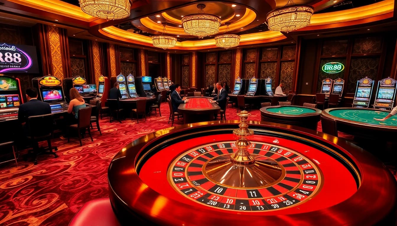 Players engaging in thrilling casino games at RR88 with vibrant roulette and poker tables.