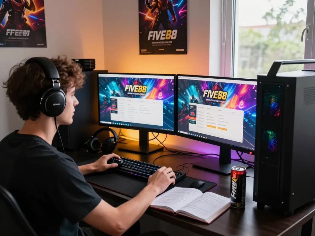 Exciting scene of Đăng ký Five88 with a gamer at a modern desk, colorful monitors, and gaming gear