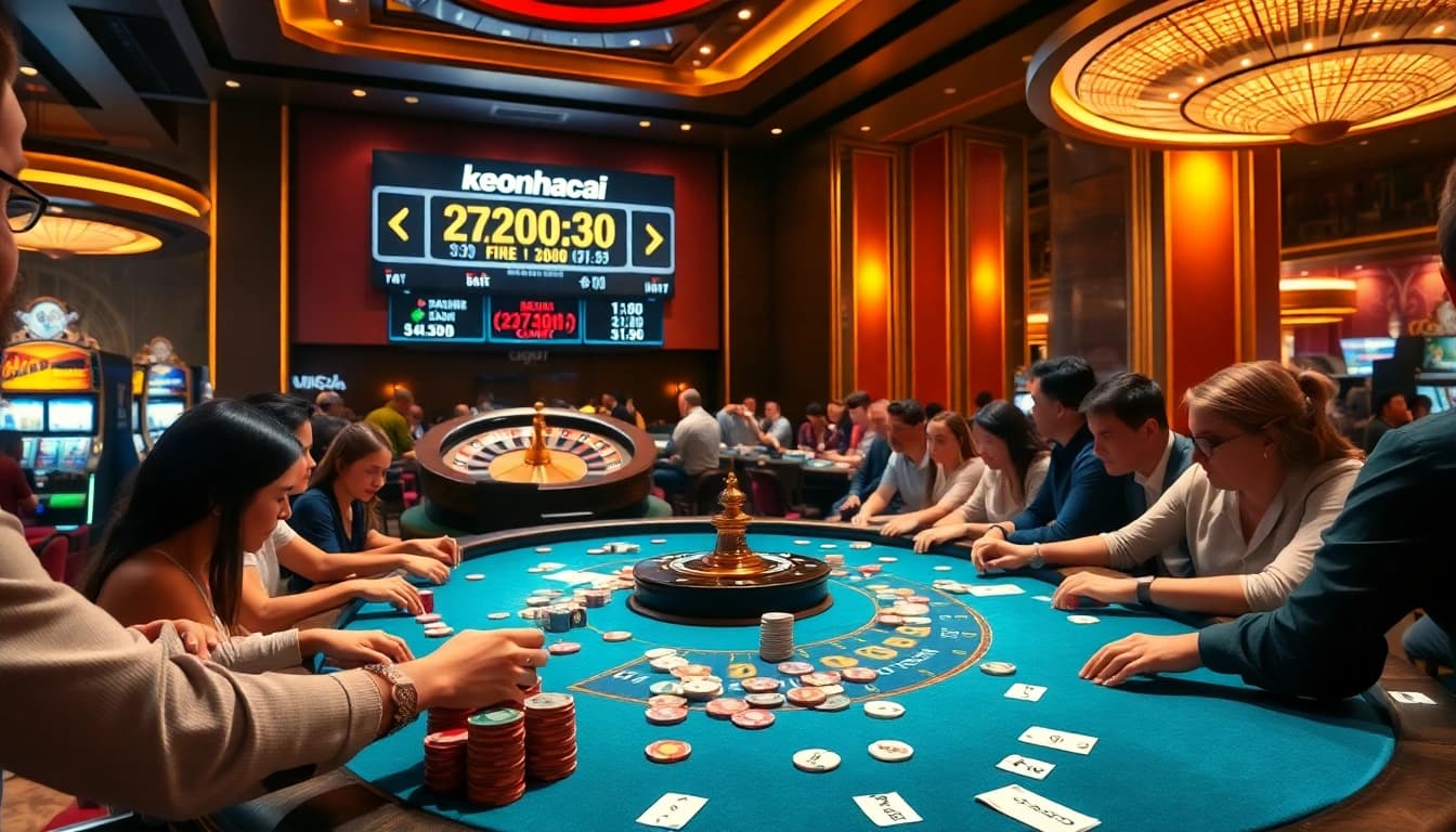 Experience the thrill of keonhacai with players at an intense poker table, vibrant chips, and digital odds display.