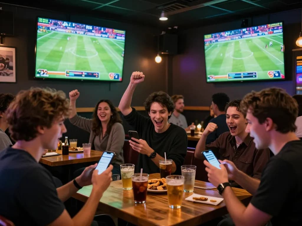 Fans engaged in แทงบอล at a lively sports bar while cheering on their favorite teams.