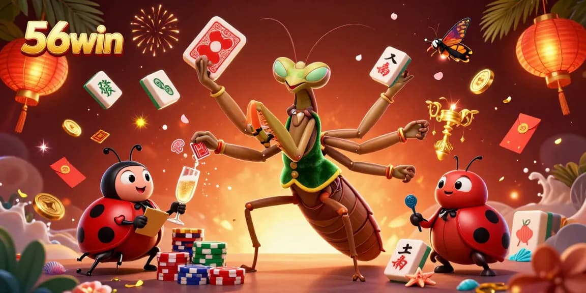 Experience the vibrant 56win casino atmosphere with a lively 3D illustration of whimsical characters and interactive elements.