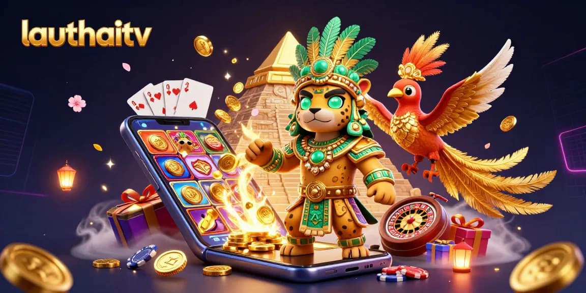 Engage with lauthaitv's vibrant 3D spectacle showcasing online gambling excitement and casino elements.