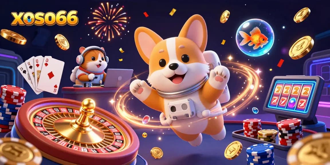 xoso66 captures a playful space casino scene featuring a corgi astronaut and immersive gaming elements.