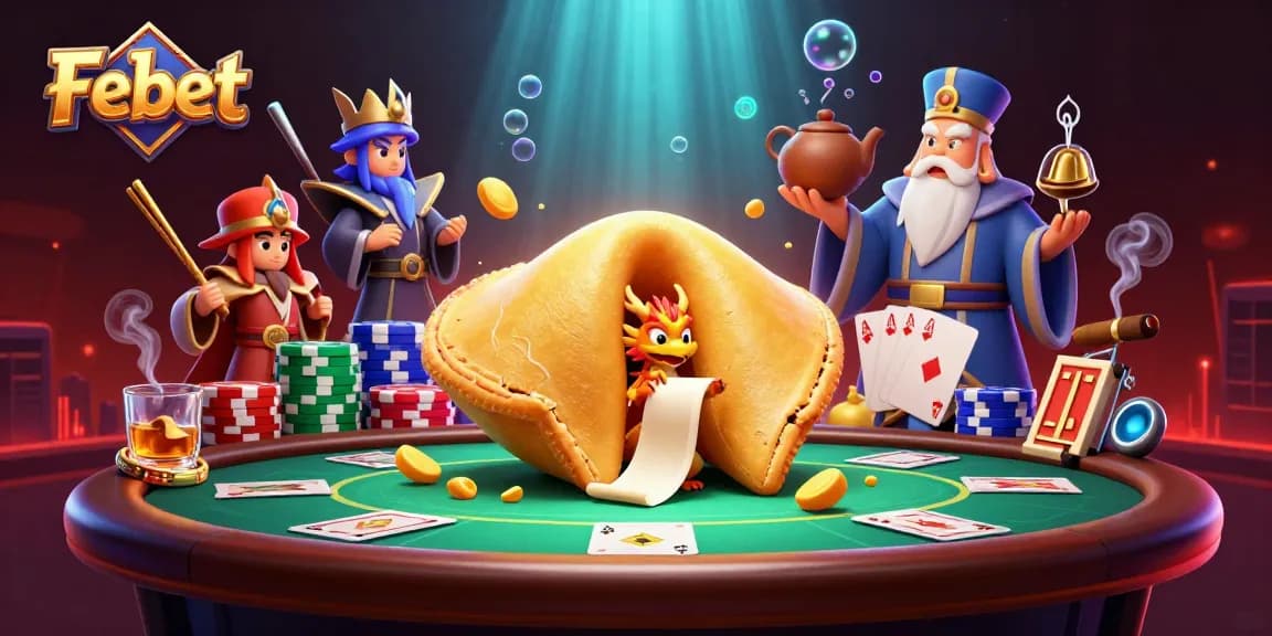 Engage with Febet's vibrant gaming scene featuring a golden fortune cookie, poker elements, and dynamic characters.