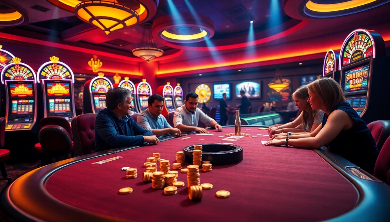 Experience thrilling gameplay at https://sunwin5.org/ with luxurious casino elements showcasing poker tables and vibrant slot machines.