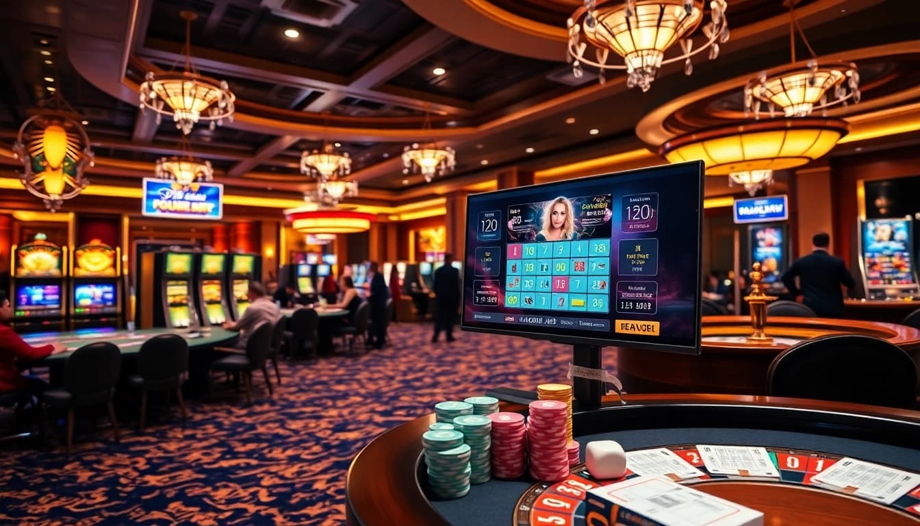 KJC gamblers enjoying a vibrant casino atmosphere with poker tables and online gaming interactions.