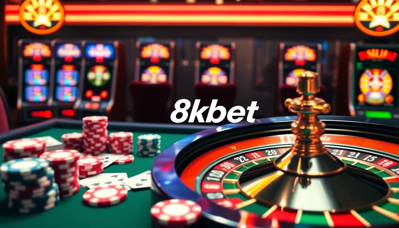 8kbet gaming scene showcasing luxury casino elements with poker chips, cards, and roulette.
