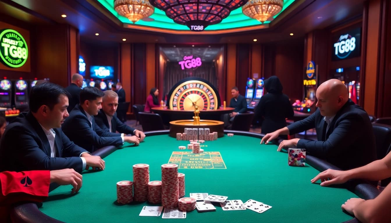 Exciting casino poker scene featuring TG88 branding with vibrant lights and engaged players.