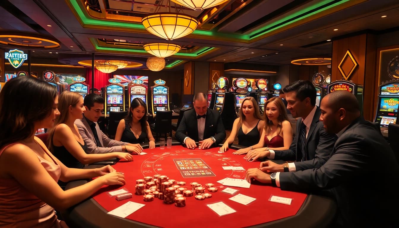 Casino players enjoying a poker game with Link 8DAY branding visible on chips and tables.