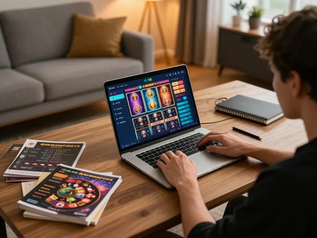 Online player engaging with LV88 slots interface on a laptop, showcasing a strategic gambling environment.