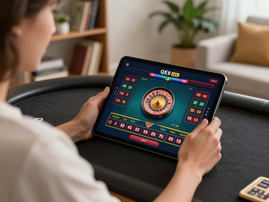 Player engaging with live roulette game on QE8 tablet in cozy home setting