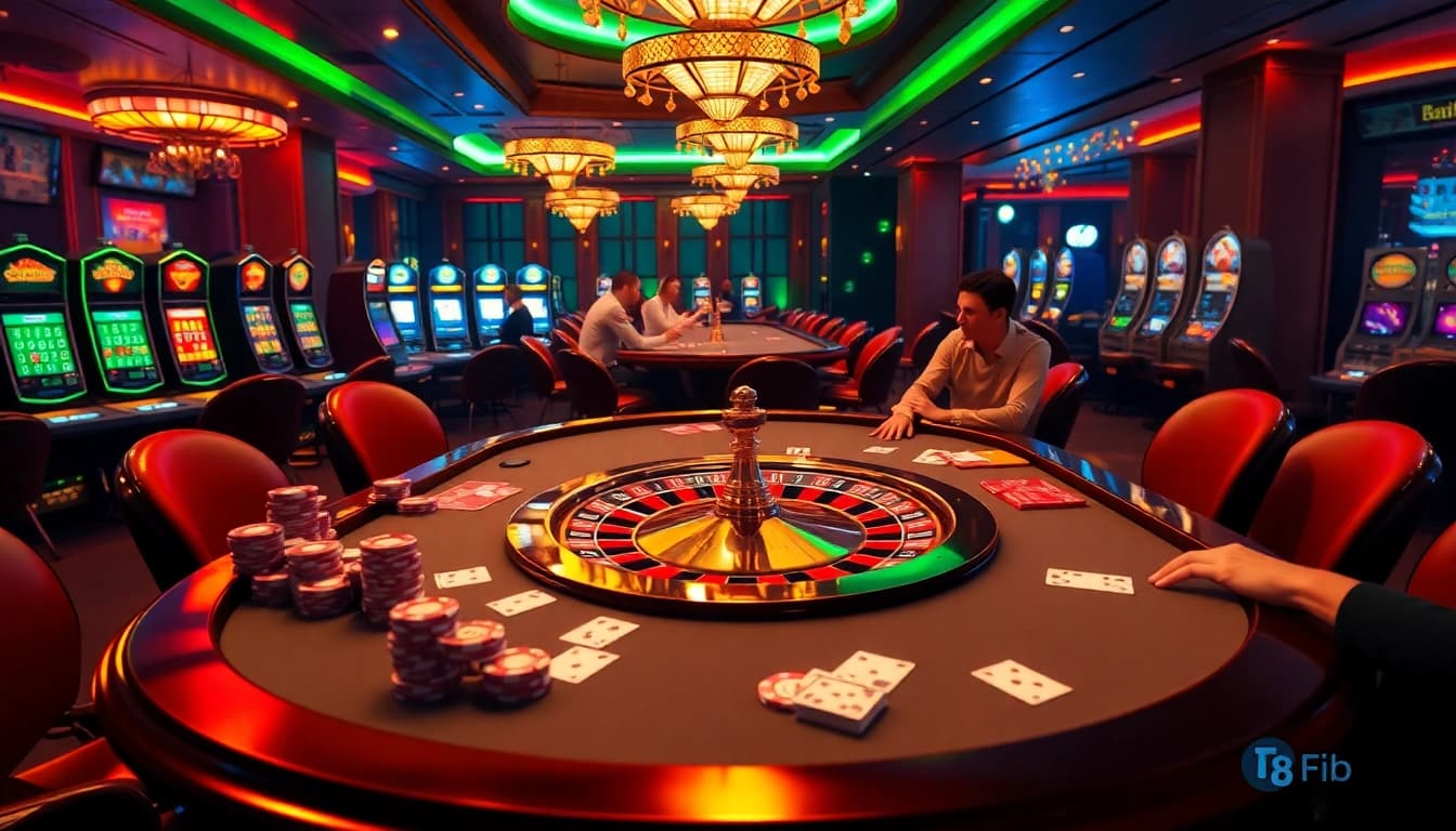 Exciting players enjoying a thrilling game at Fi88 casino table with cards and chips.