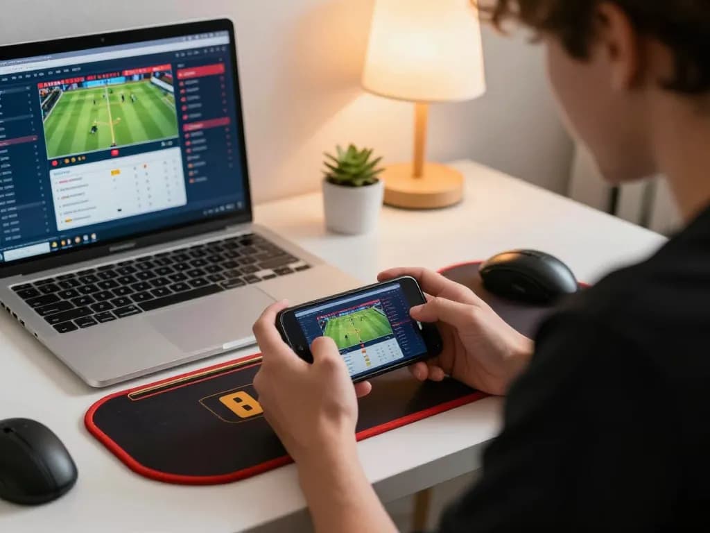 Player engaging with hytw3339 mobile app for live dealer game in stylish workspace.