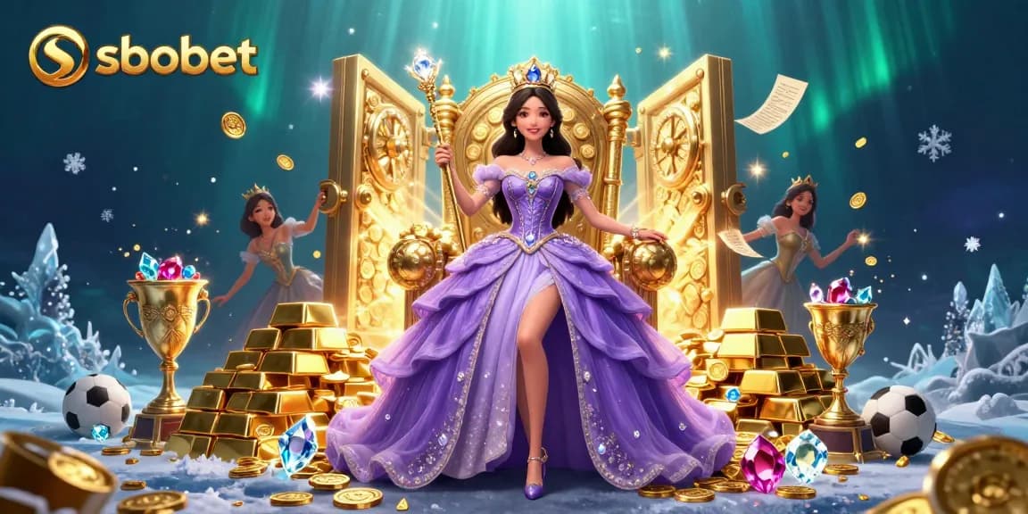 Sbfobet sports betting scene showcasing beautiful Asian woman in royal attire amid gold and sports elements.