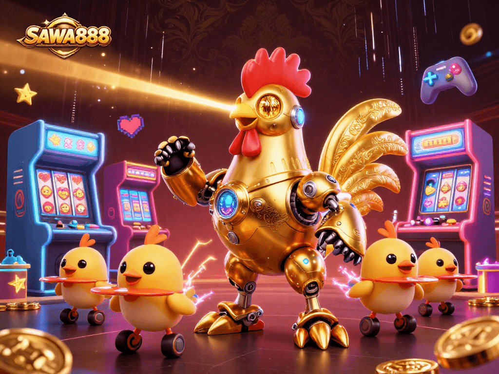 Play thrilling games at SAWA888 with a golden rooster robot shooting lasers, surrounded by colorful casino elements.