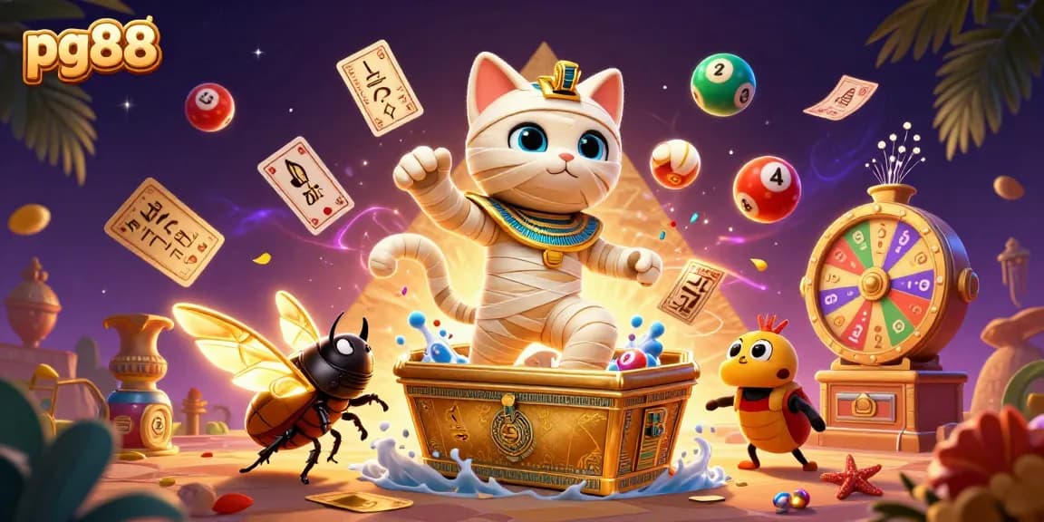 Experience the thrill of pg88 with colorful lottery elements and a whimsical Egyptian mummy theme.