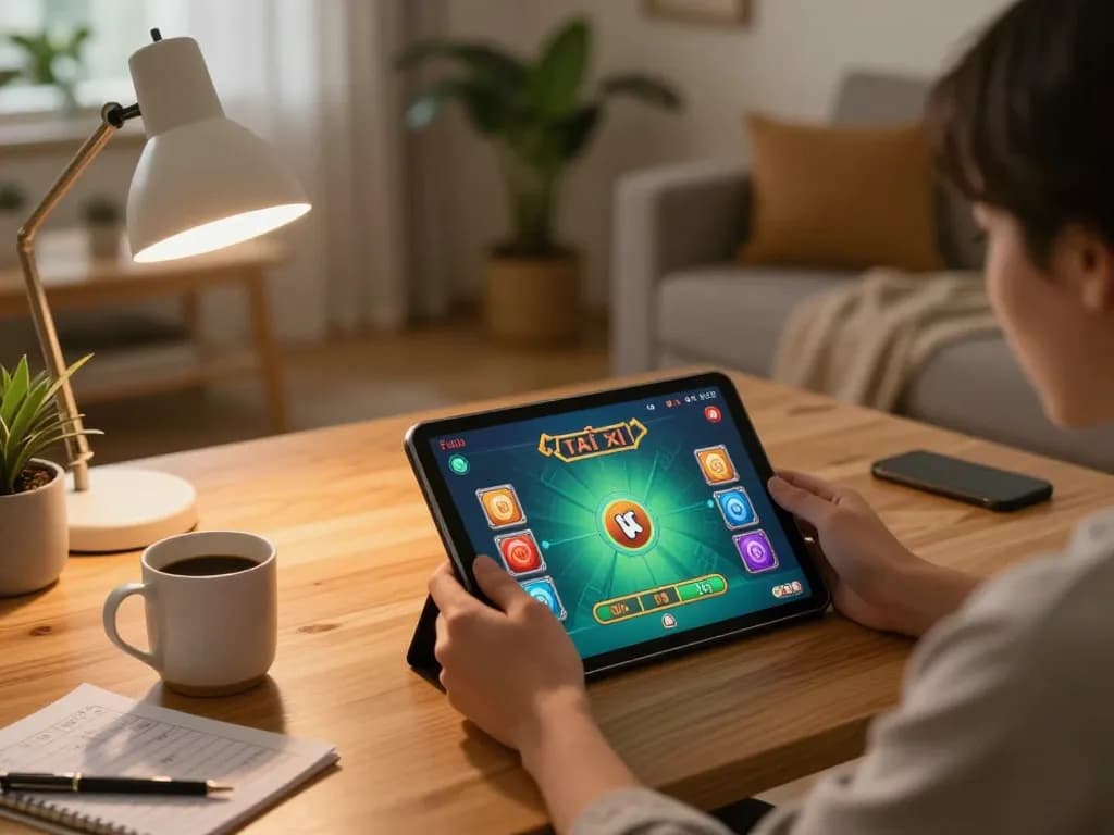 Playing app tài xỉu online uy tín on a tablet in a cozy home setup with warm lighting.