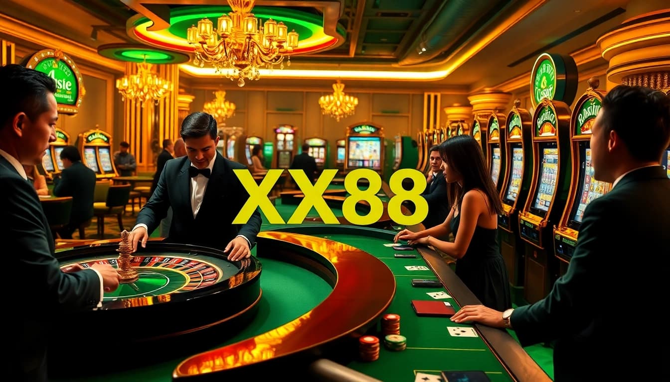 Players enjoying the vibrant online casino experience at XX88, highlighted by roulette and slot machines.