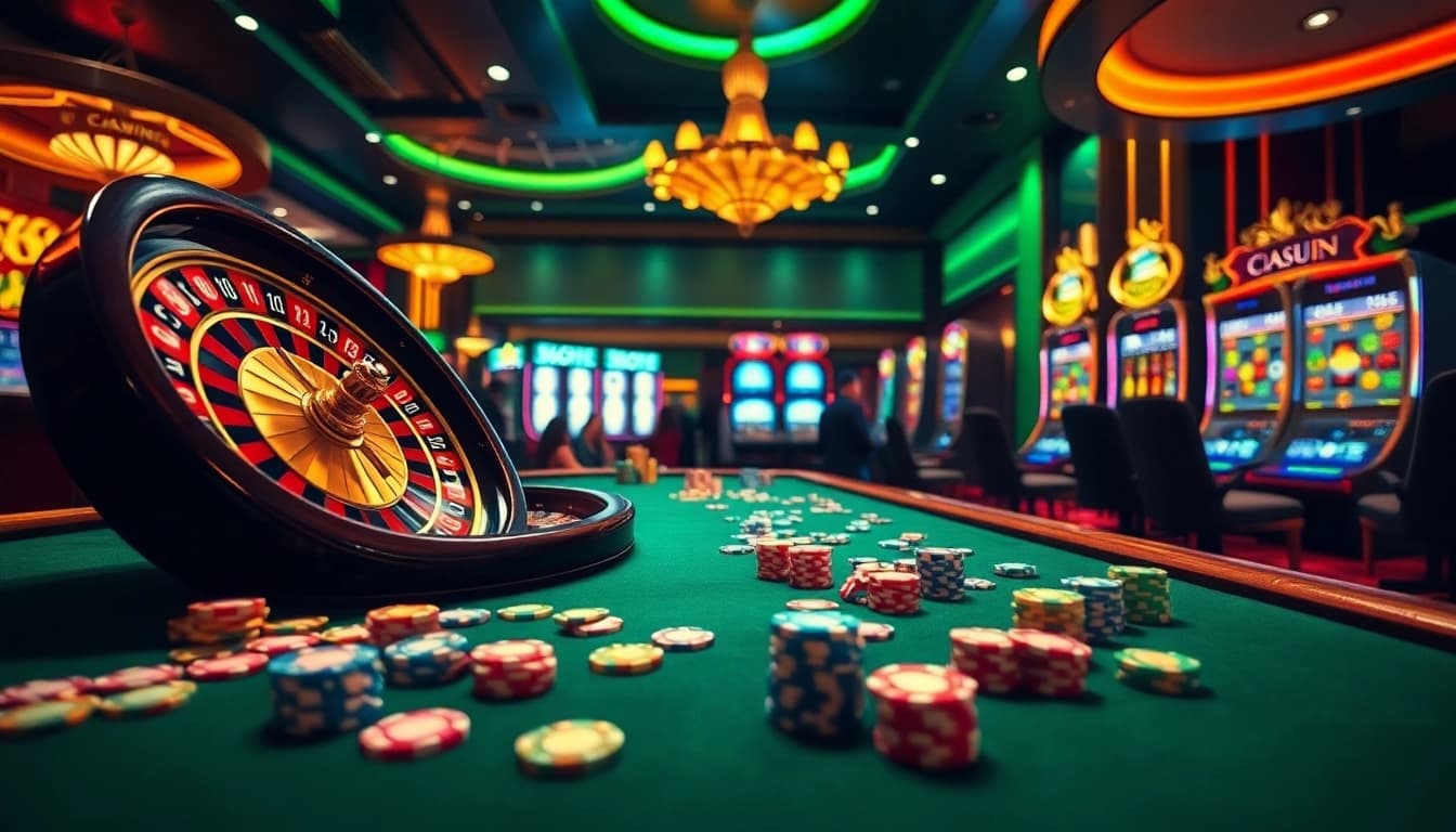 Exciting casino atmosphere with vibrant roulette wheel and poker chips for 56win players.
