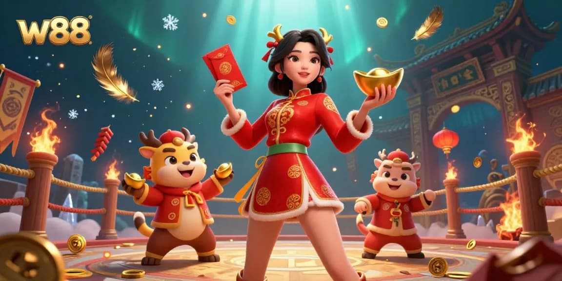 Win big at w88 with an immersive Lunar New Year celebration featuring vibrant characters, gold coins, and festive decor.