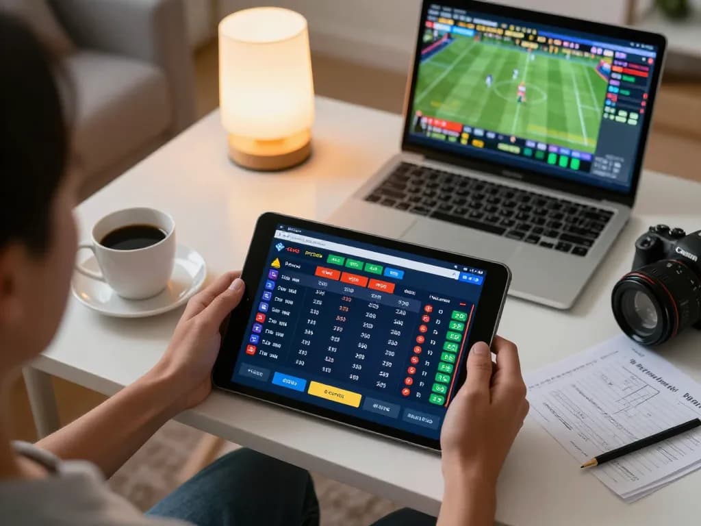 Xibet user analyzing betting odds on a tablet, enjoying a strategic gaming experience in a cozy home environment