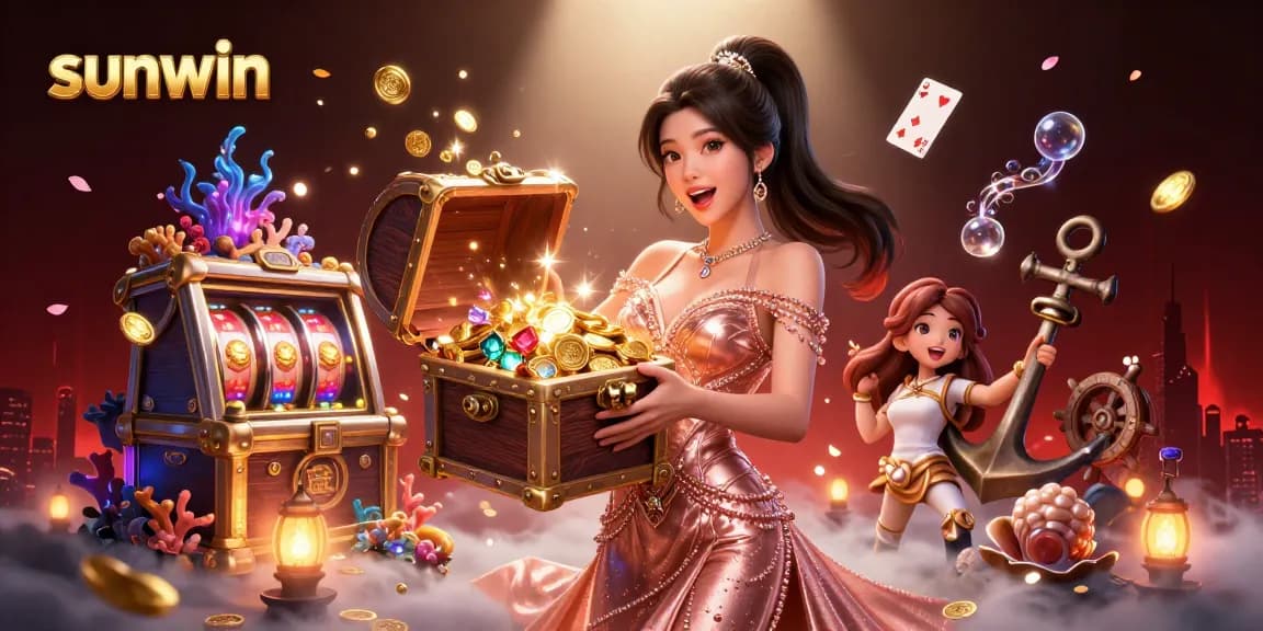 Engage with sunwin's thrilling casino world as a joyful woman reveals treasure in this vibrant illustration.
